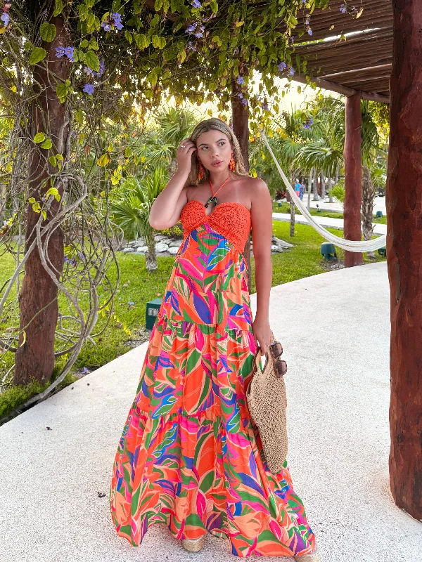 Sunset Getaway Crochet & Print Dress