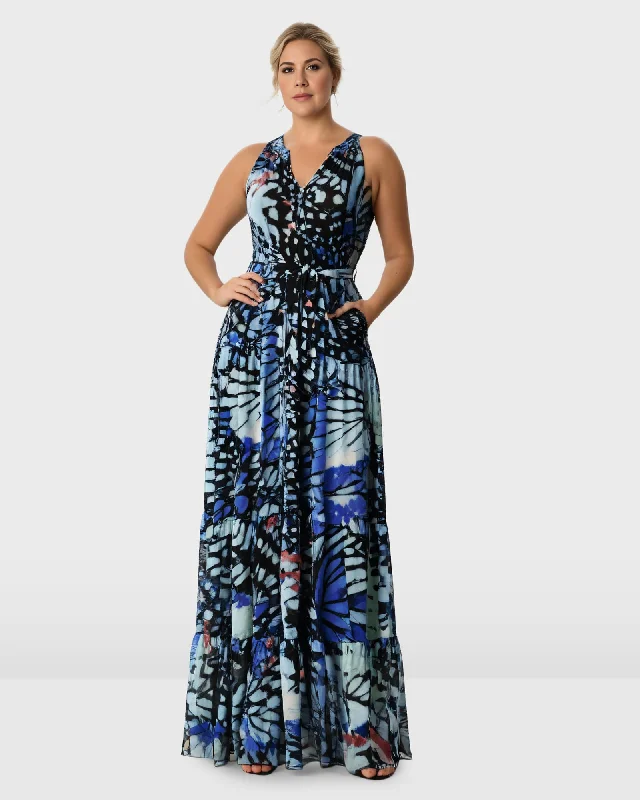 Butterfly print georgette ruched tier dress | Blue