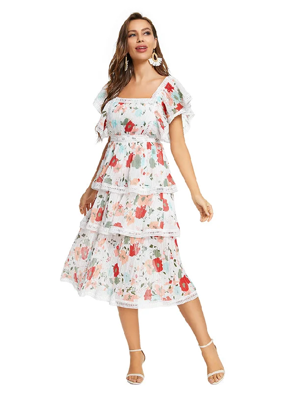 Chiffon Floral Print Square Neckline Cut-out High Waist Layered Dress