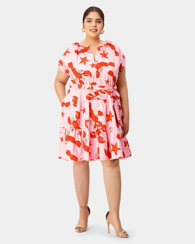 Lobster star print cotton crewneck drop waist tiered dress | Pink