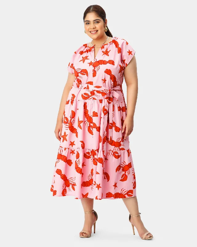 Lobster star print cotton drop waist tiered dress | Pink