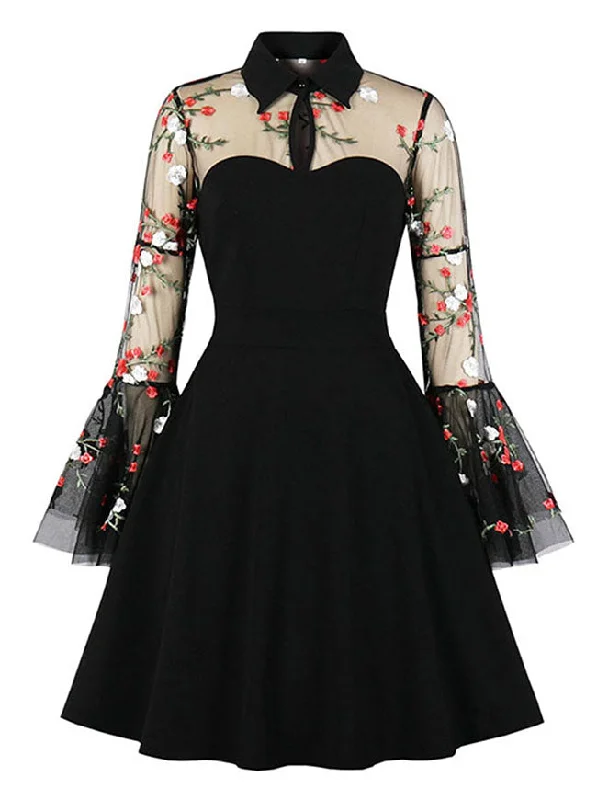 Retro Lapel Floral Embroidered Flare Mesh Sleeve Stitching A-line Dress