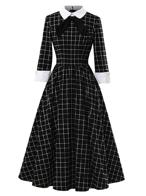 Retro Lapel Tie Half Sleeve Plaid Print A-line Swing Dress