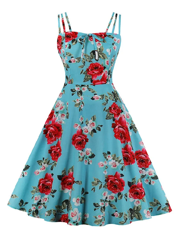 Rose Floral Print Spaghetti Straps High Waist Cotton Swing Dress