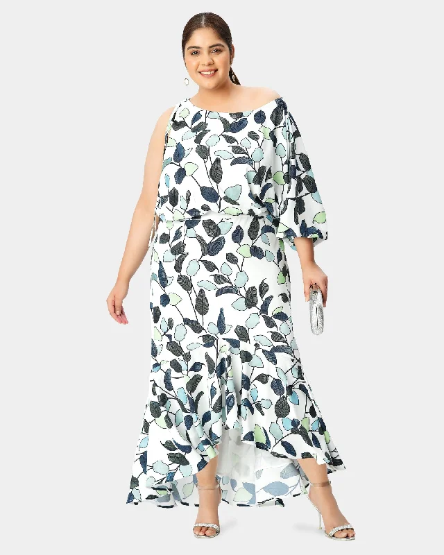 Single sleeve asymmetric leaf print crepe high-low asymetric dress | White