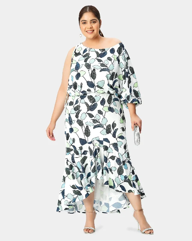 Single sleeve asymmetric leaf print crepe high-low dress | White