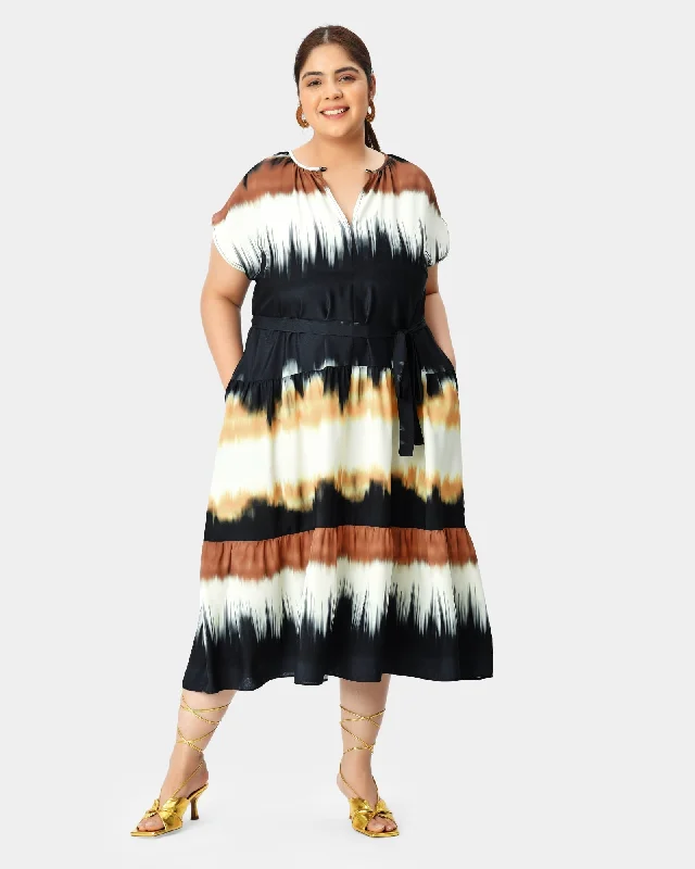 Tie-dye print crepe drop waist tiered dress | Black