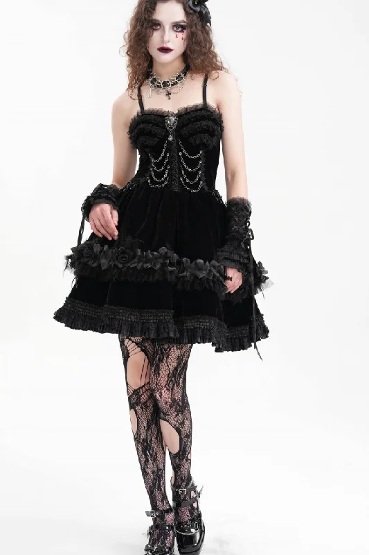 Black Chain Ruffle Lace Women's Gothic Slip Dress