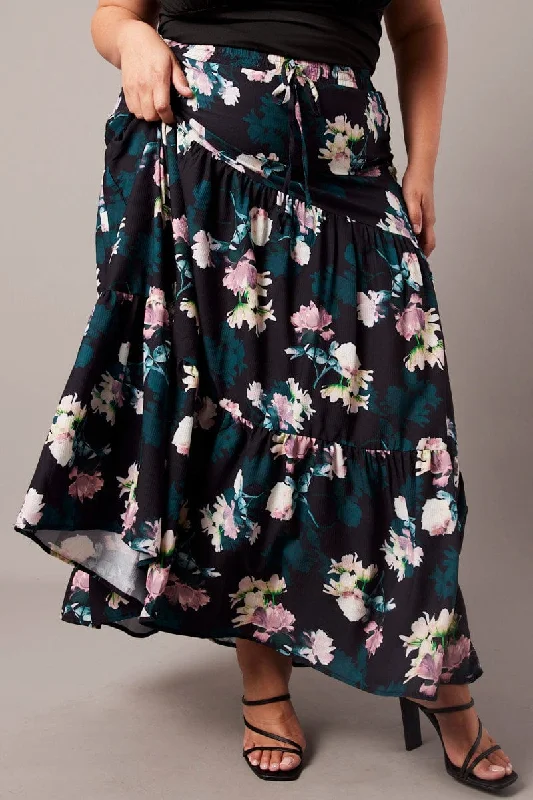 Black Floral Maxi Skirt Elastic Waist Tiered