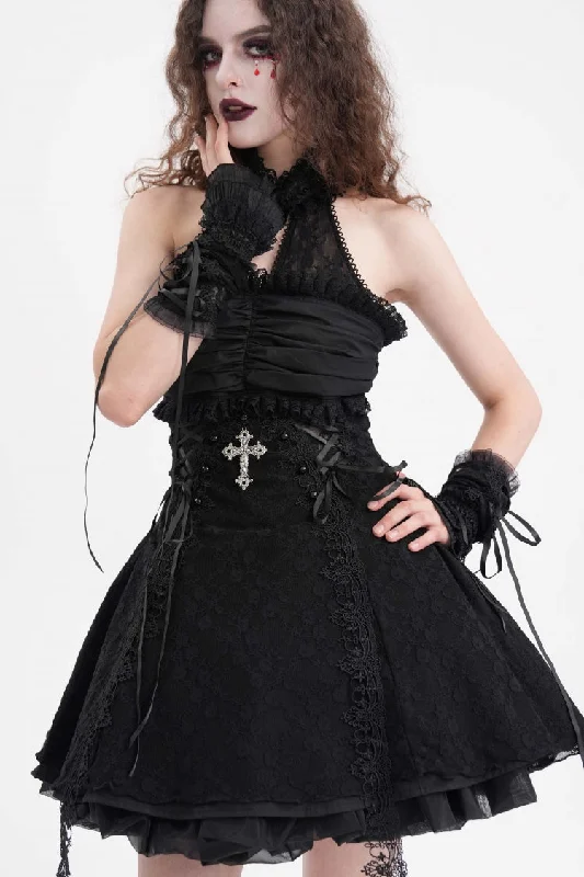 Black Halterneck Cut-out Ruffle Lace Women's Gothic Dress