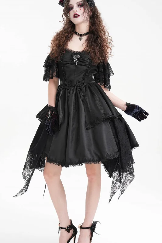 Black Halterneck Lace Lace-Up Irregular Hem Women's Gothic Dress