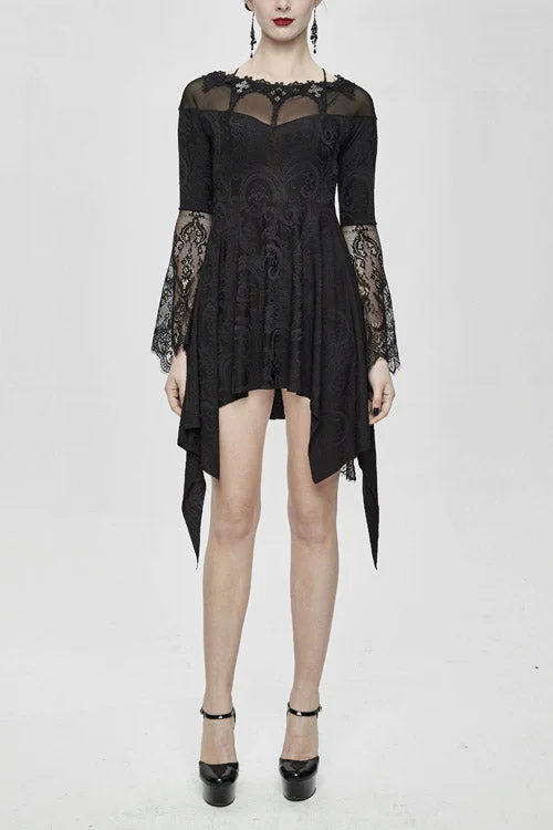 Black Horn Sleeves Off Shoulder Stretchy Knitted Sexy Lace Gothic Womens Dress