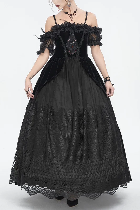 Black Off Shoulder High Waisted Print Lace Women's Gothic Dress