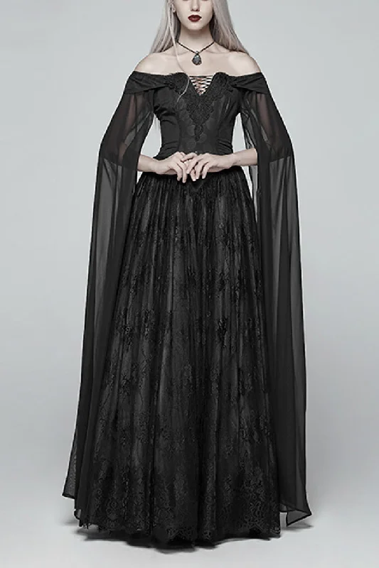 Black Off Shoulder Multi-layer Embroidery Lace Women's Gothic Dress