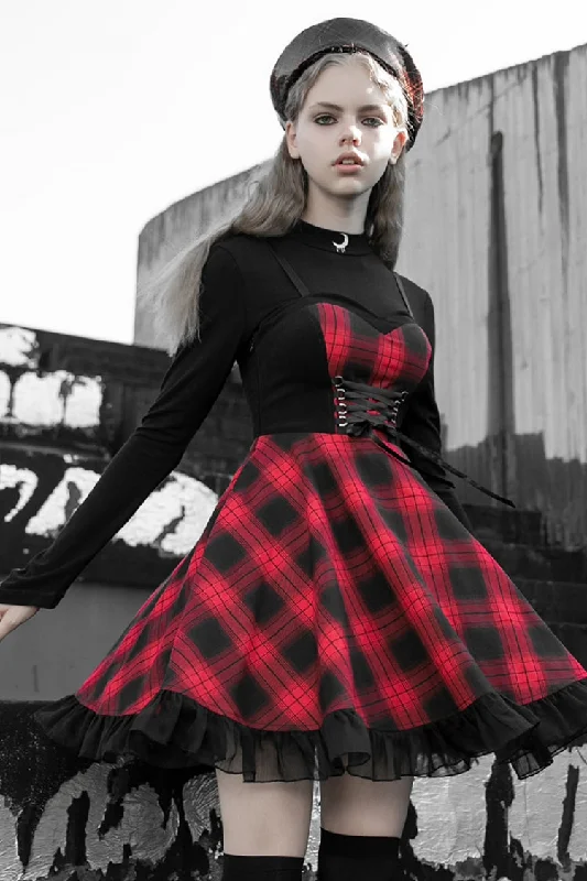 Black/Red Plaid Print Ruffle Lace Women's Punk Dress