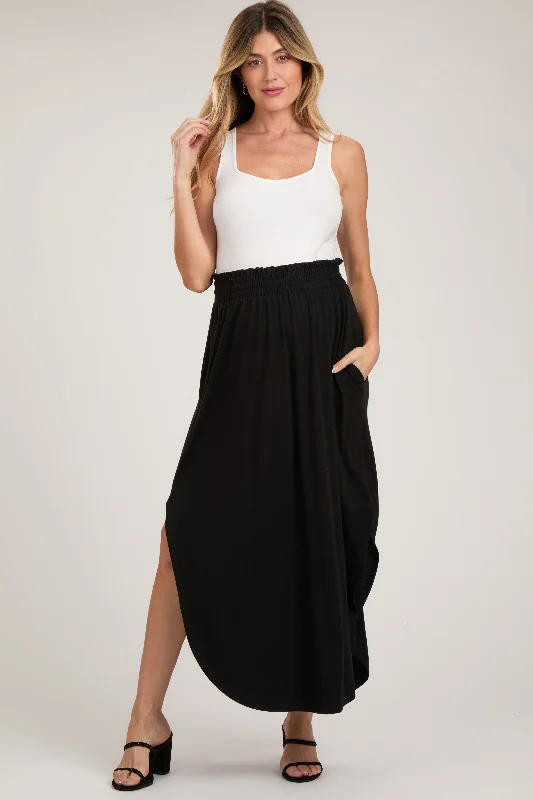 Black Smocked Rounded Hem Maternity Maxi Skirt