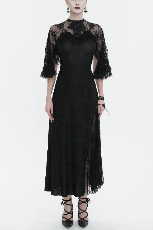 Black Stretch Printed Knit Panel Lace High Slit Asymmetric Women's Gothic Dress