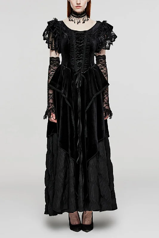 Black V Collar Ruffle Lace Women's Gothic Dress with Oversleeves