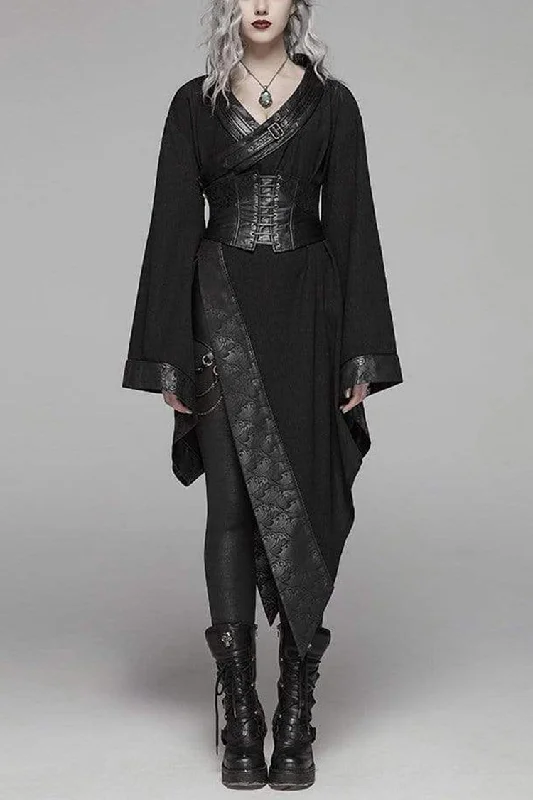 Black V Neck Metal Buckle Strap Waist Lace-Up Flare Sleeve Wave Printing Asymmetric Hem Kimono Women's Punk  Dress