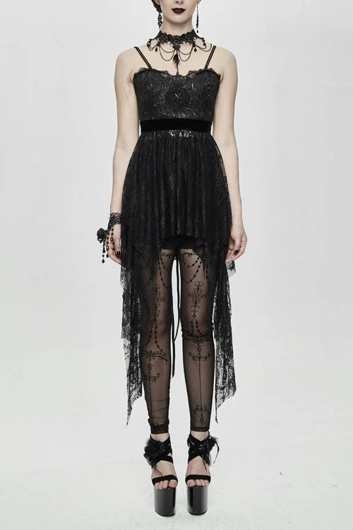 Black Versatile Translucent Sweep Sexy Lace Womens Gothic Dress With Shoulder Straps