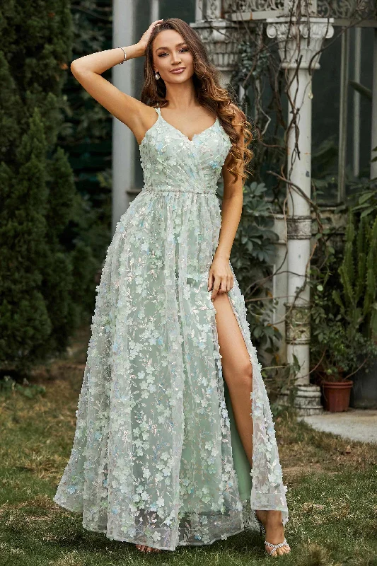 Flowers A-Line Lace Dress With Slit