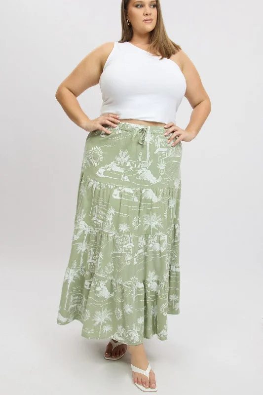 Green Abstract Tiered Maxiskirt Tie Waist