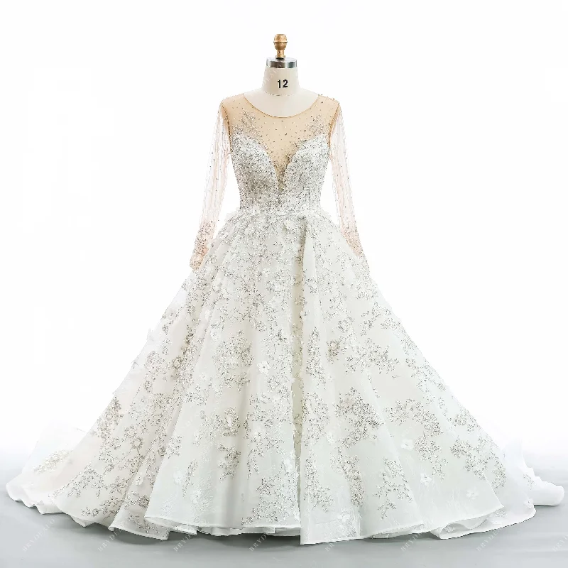 Lace Beaded Flower Illusion Long Bridal Ball Gown