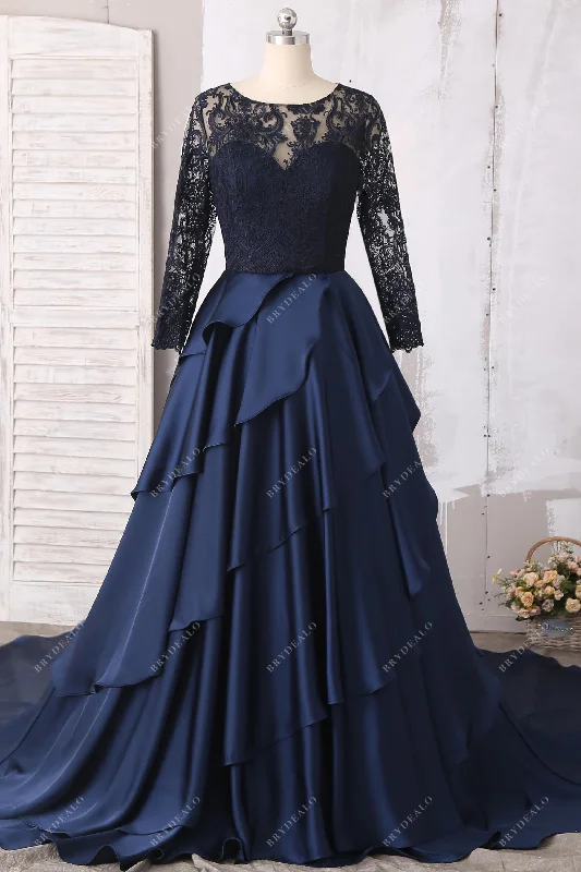 Navy Illusion Lace Satin Long Sleeve Wedding Ball Gown