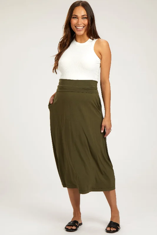 Olive Fold-Over Maternity Maxi Skirt