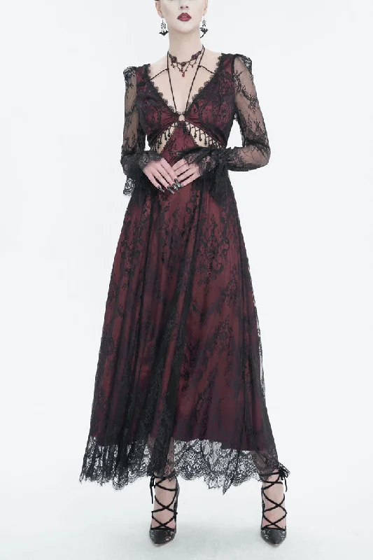 Red Lace Appliqu Adjustable Waist Cutout Women's Gothic Dress