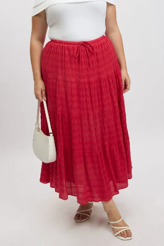 Red Textured Tiered Maxiskirt