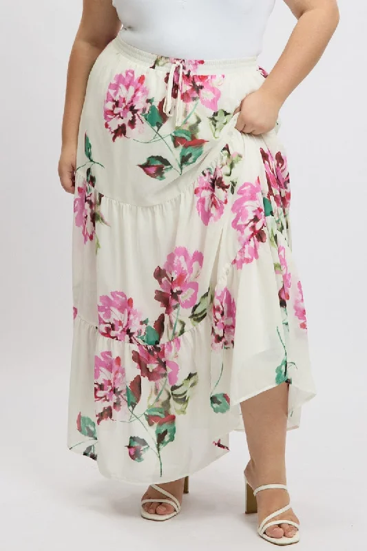 White Floral Elastic Waist Tiered Chiffon Maxiskirt