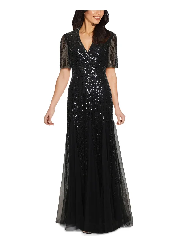 ADRIANNA PAPELL Womens Black Sequined Fitted Tuxedo Style Illusion Godets Short Sleeve V Neck Full-Length Formal Gown Dress