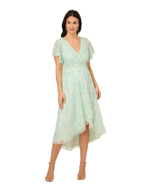 ADRIANNA PAPELL Womens Green Sequined Zippered Lined Hi-lo Hem Flutter Sleeve Surplice Neckline Below The Knee Evening Faux Wrap Dress