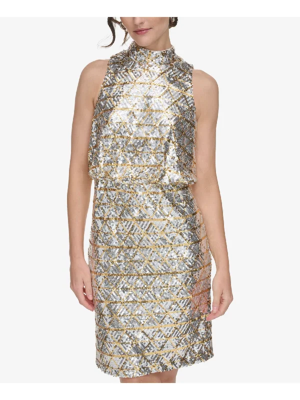 ELIZA J Womens Silver Zippered Sequined Lined Sleeveless Halter Above The Knee Cocktail Blouson Dress