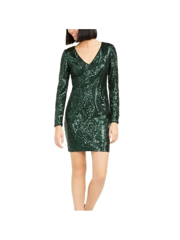 MARCIANO Womens Green Sequined Zippered Long Sleeve V Neck Short Cocktail Body Con Dress