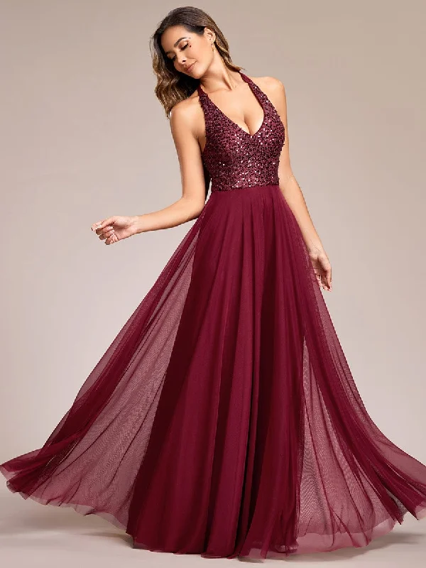 Marianna deep V-neck sequin and tulle ball dress