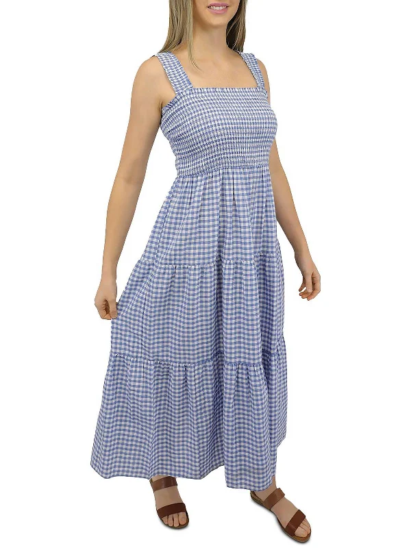 Womens Checkered Tea-Length Midi Dress