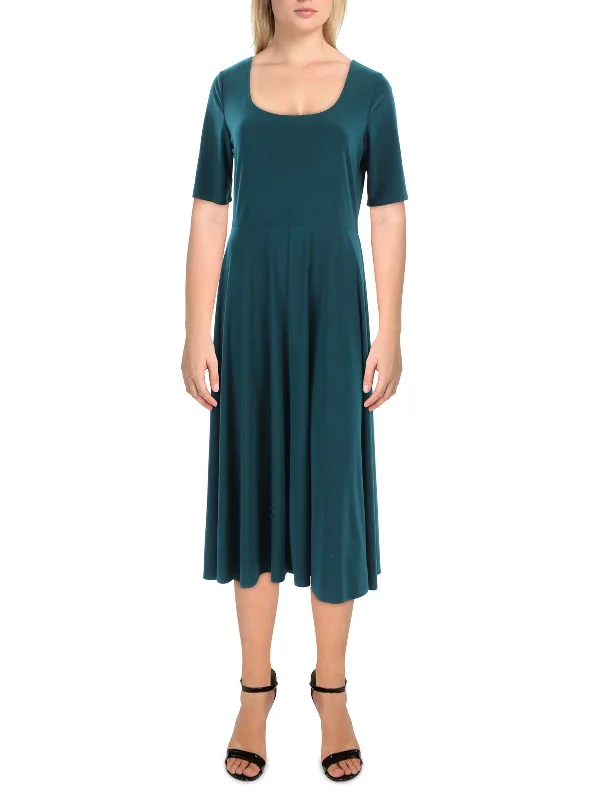 Womens Elbow Sleeve Scoop Neck Midi Dress