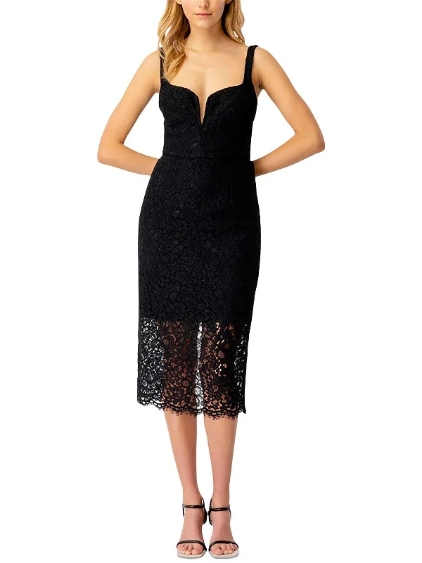 Womens Plunging Midi Cocktail and Party Dress