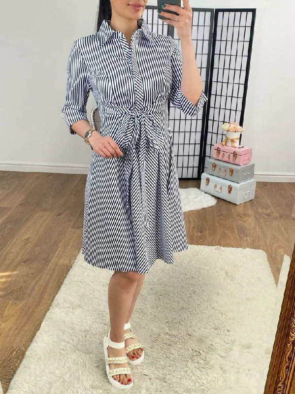 Heidi Navy Striped Tie Front Pintuck Shirt Dress