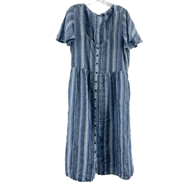 Lands' End Blue Striped Womens Linen Sheath Shirt Dress, Size L, Preowned