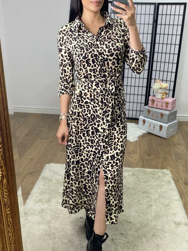 Seda Leopard Print Tie Waist Beige Shirt Dress