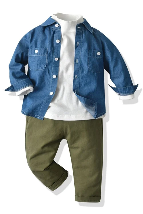 Toddler Children Clothing Spring Solid Blue Shirt White T-Shirt Green Pants 3 PCS/Set for Infant Boys Kits Casual Outfit