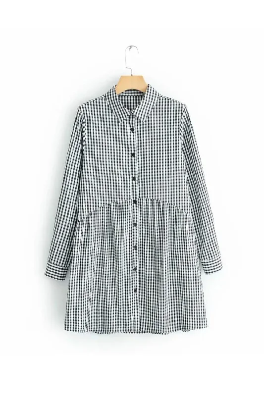 Women vintage plaid shirtdress casual slim dress female pleats patchwork chic dresses