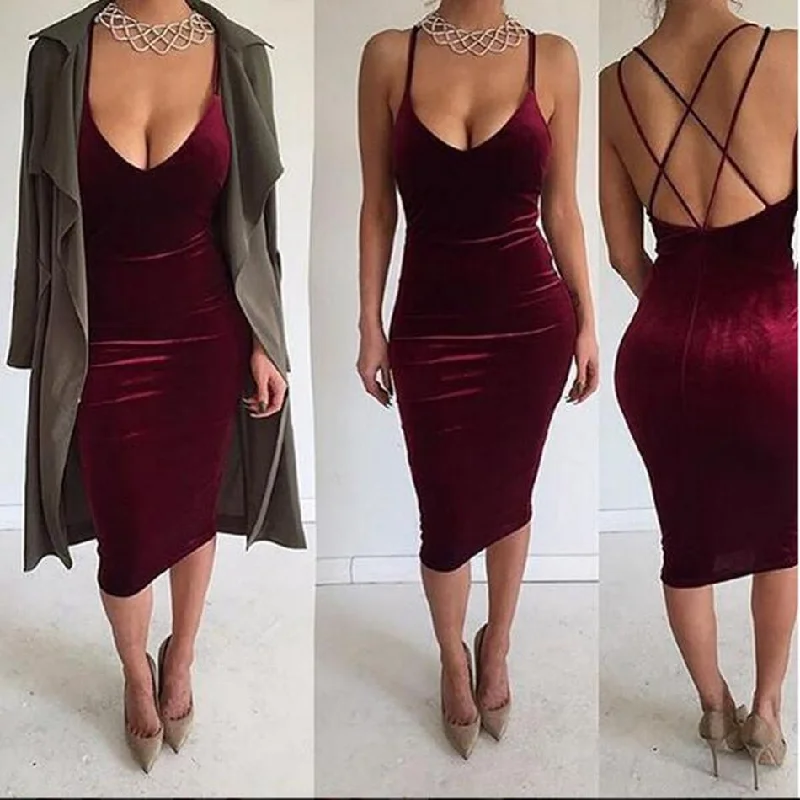 Clearance Deep V-neck Sleeveless Backless Sexy Club Bodycon Skinny Pleuche Dress