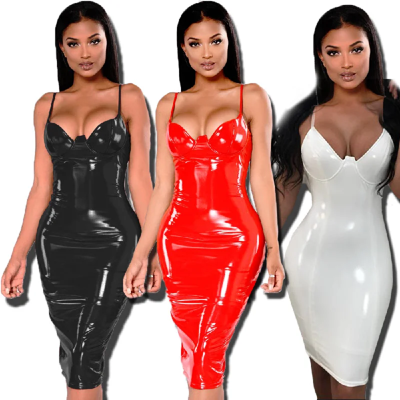 Deep V-neck Short Bodycon PU Club Dress