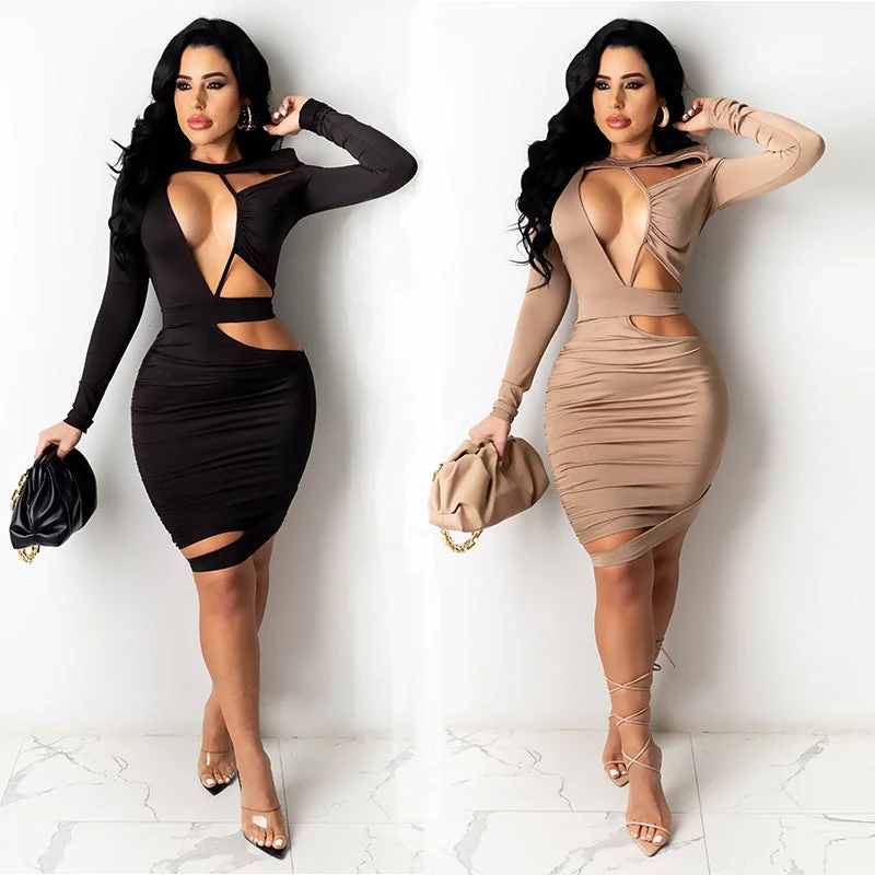 Hollow Out Pleated Long Sleeve Tight Dress