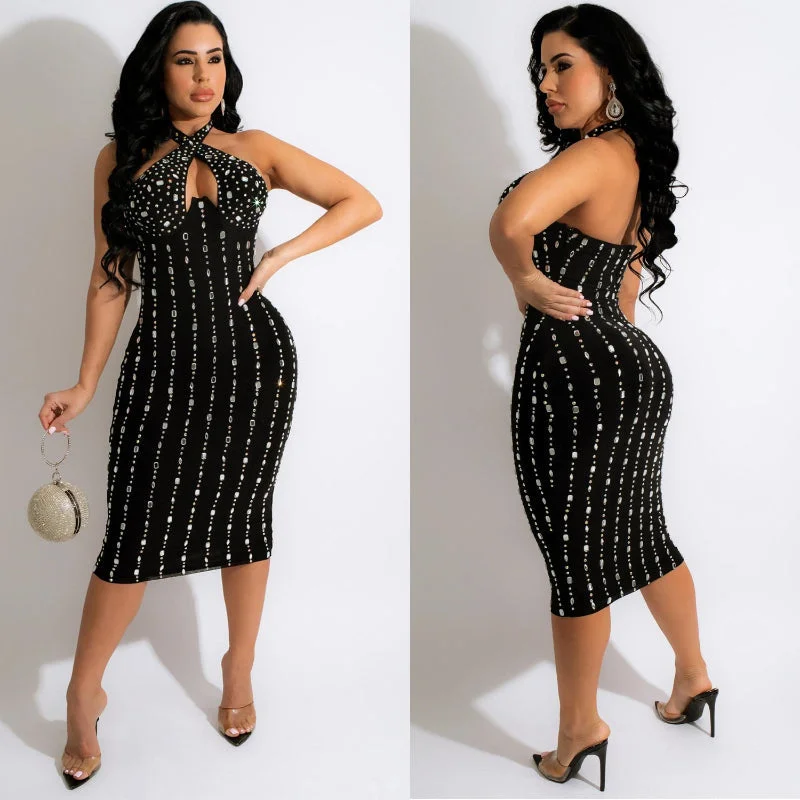 Rhinestone Sleeveless Halterneck See-through Bodycon Dress