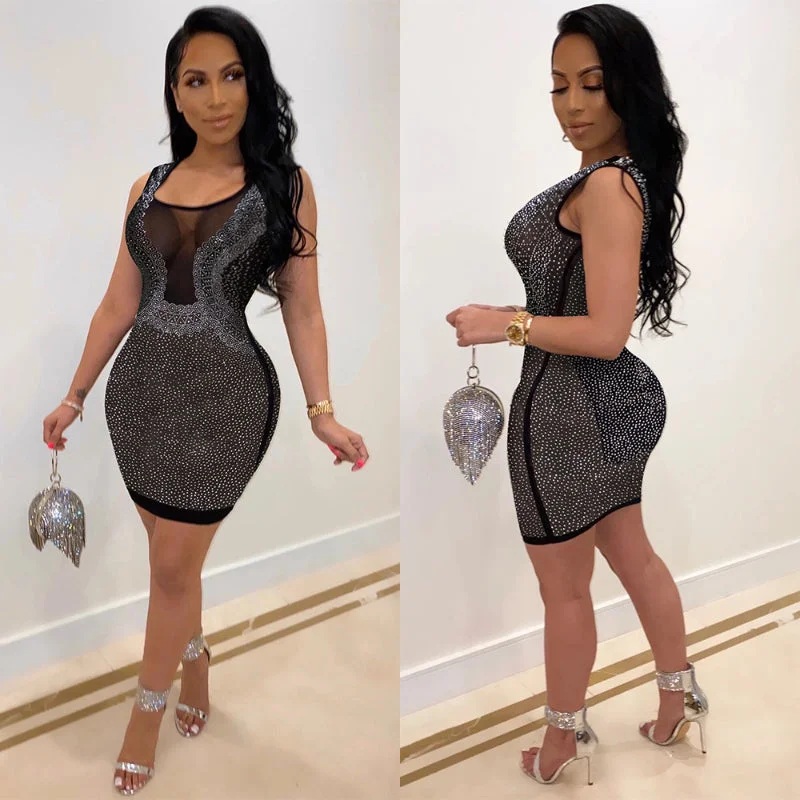 Sexy Bodycon Rhinestone Mesh Dress